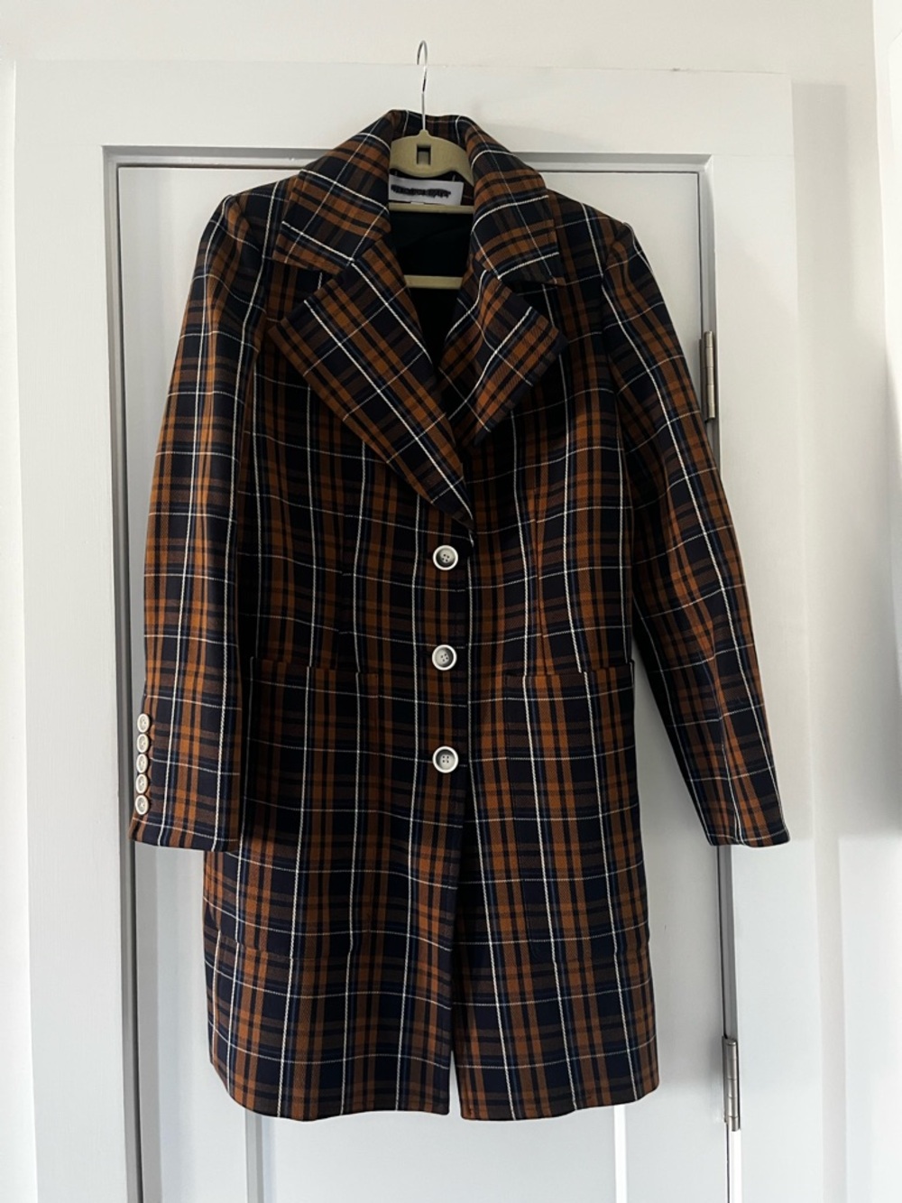Veronica Beard Plaid Long Single-Breasted Coat in Brown and Navy